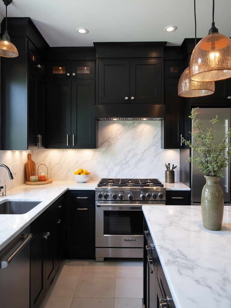 balanced dramatic color contrast kitchen