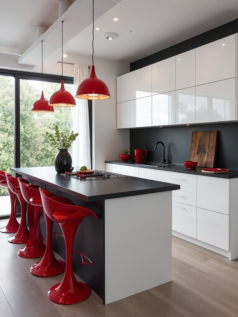 contrasting bold red accents energize monochrome