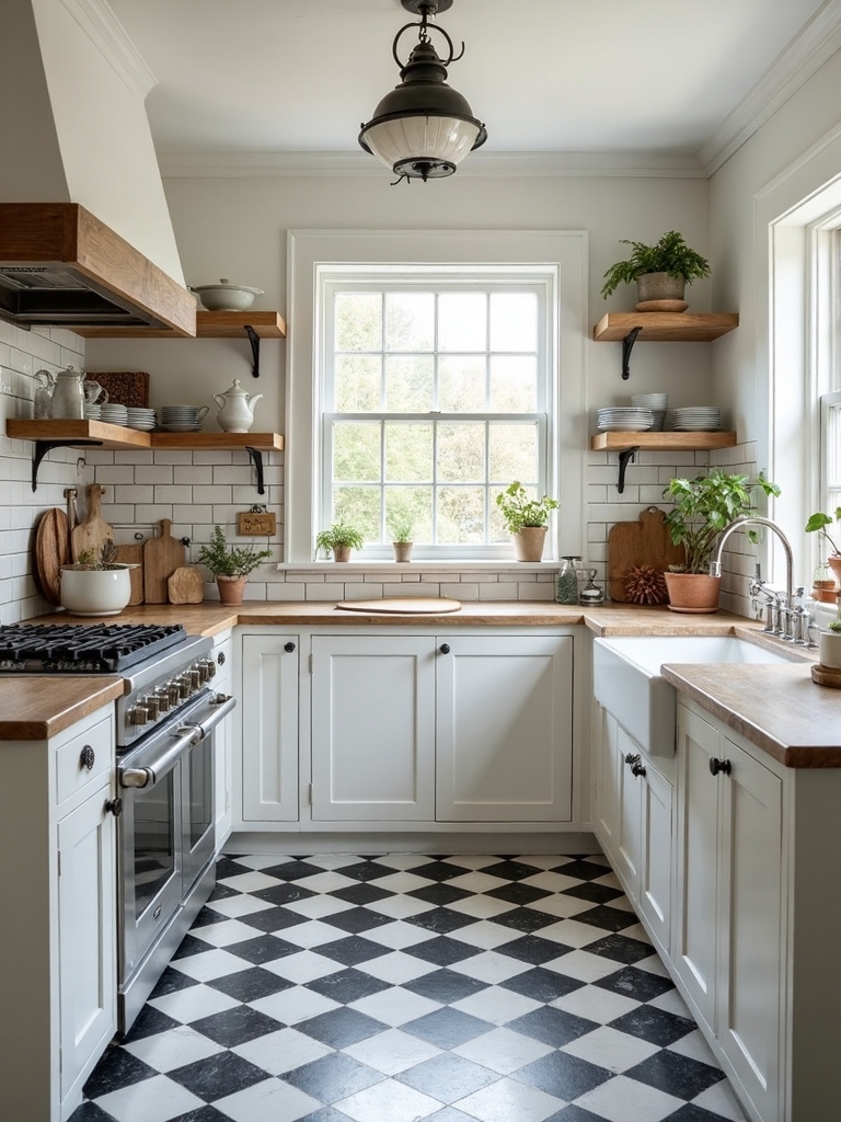 nostalgic farmhouse kitchen checkered floors
