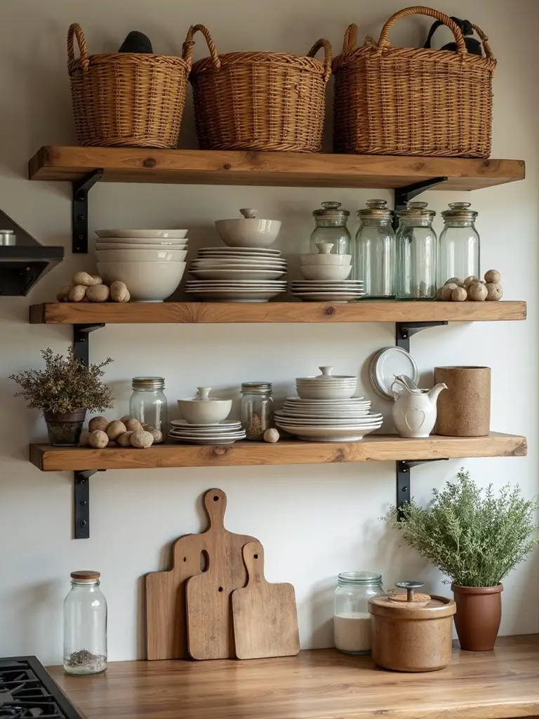 rustic farmhouse open shelving decor