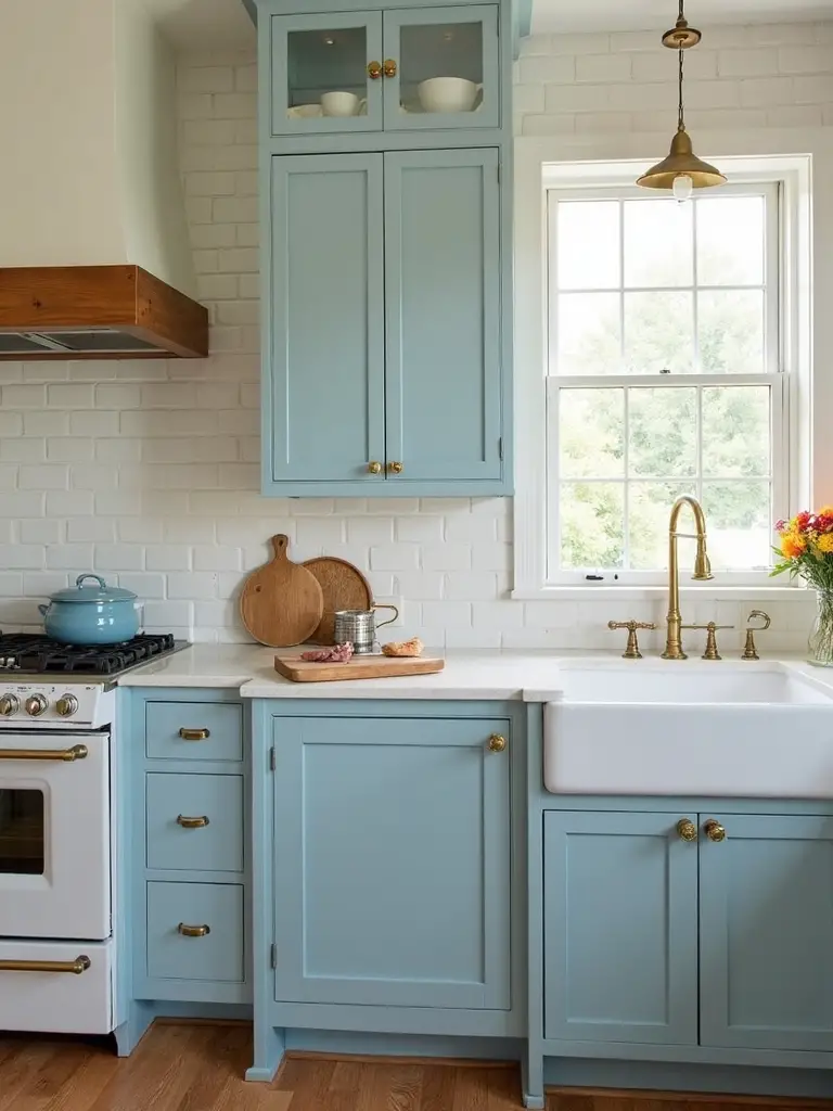 serene cottage kitchen with blue cabinetry