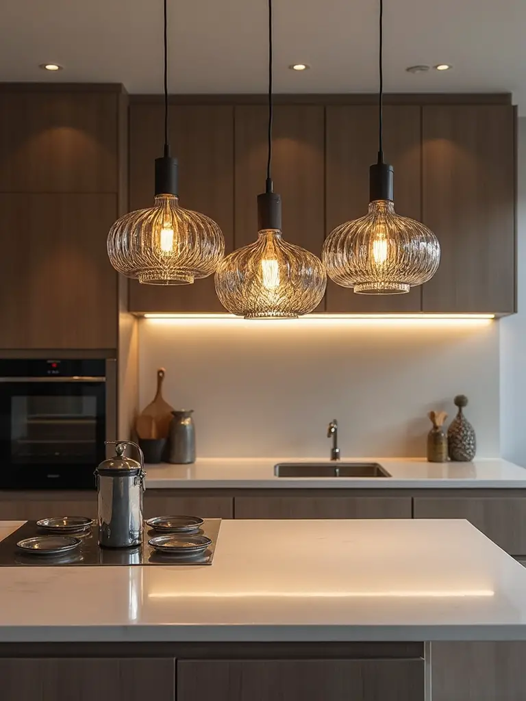 streamlined textured zonal inviting kitchen lighting