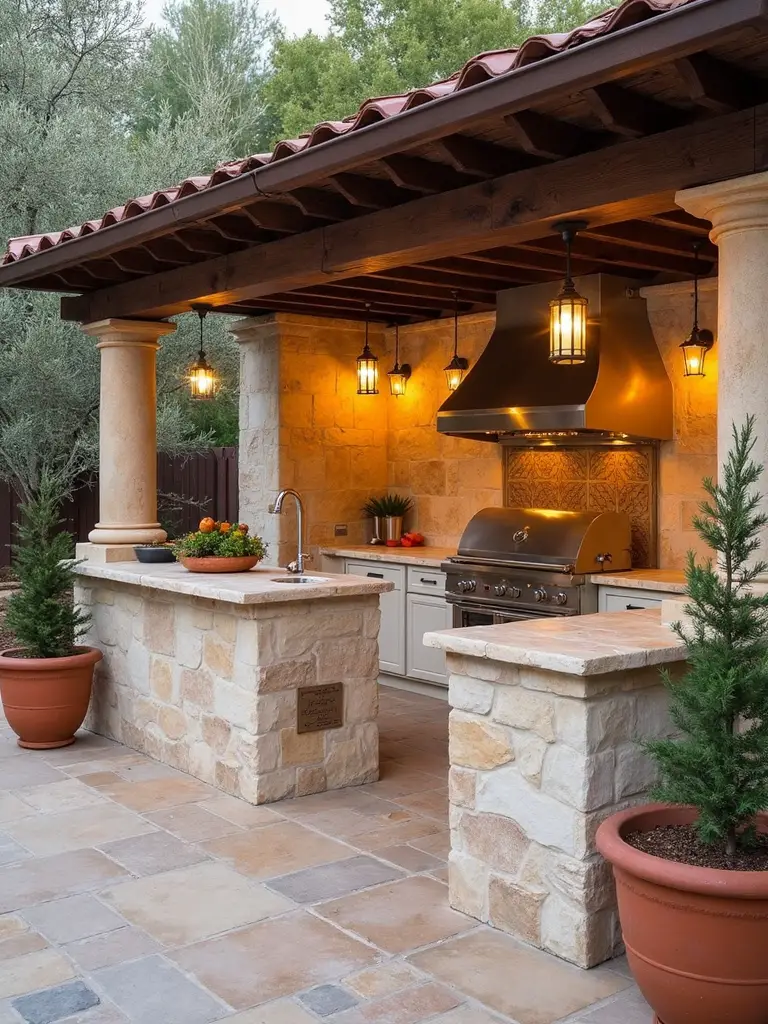 timeless mediterranean limestone outdoor kitchen
