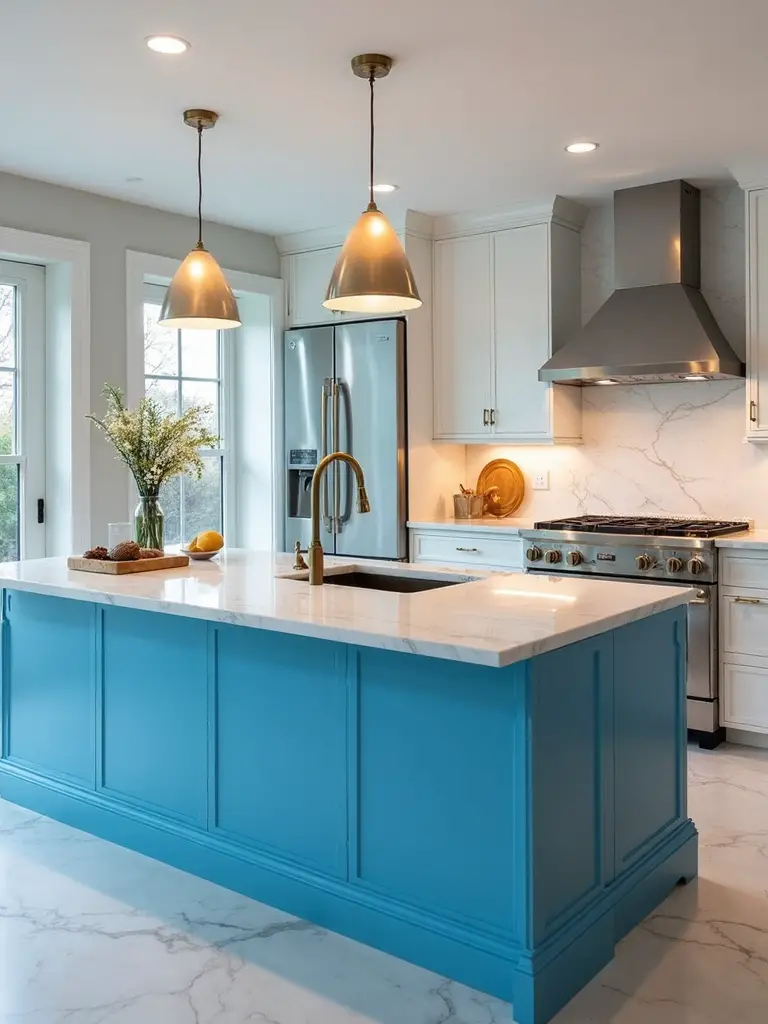vibrant blue island enlivens cooking space
