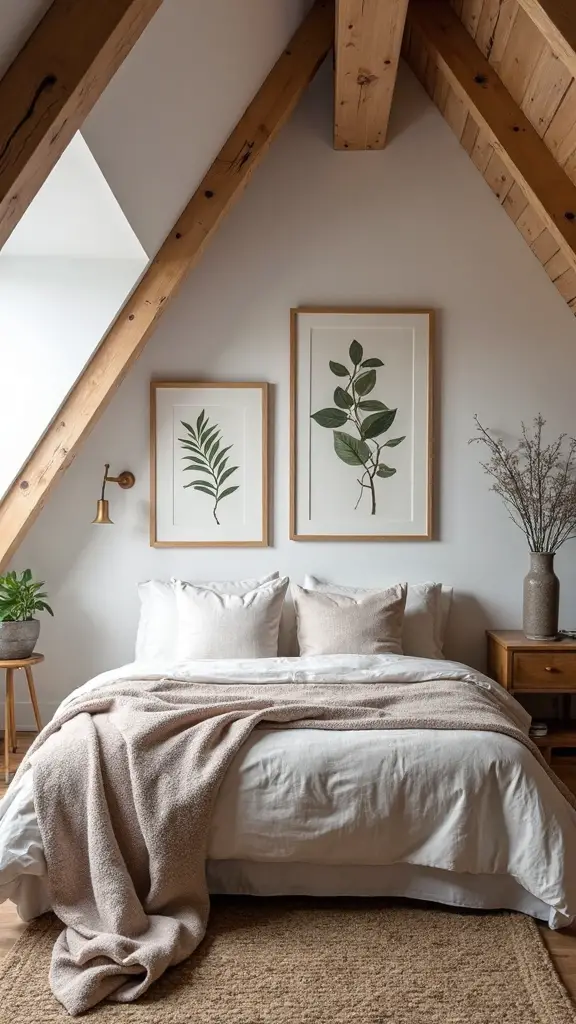 botanical prints enhance slanted wall spaces