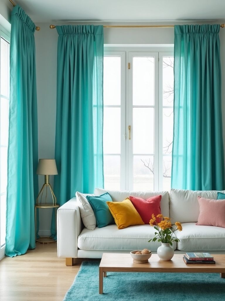 bright colorful layered window treatments