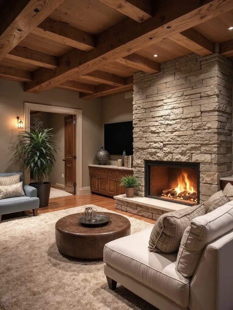 cozy basement fireplace focal point