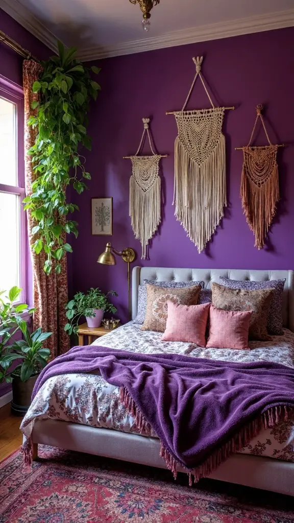 cozy boho sanctuary with vibrant purple