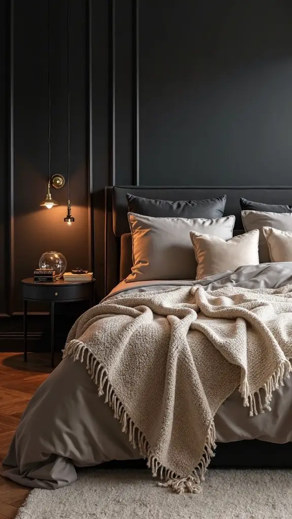 cozy sophisticated black and beige bedroom