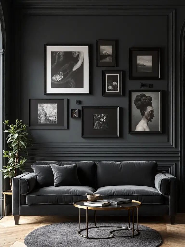 dramatic dark backdrop showcasing vibrant artwork