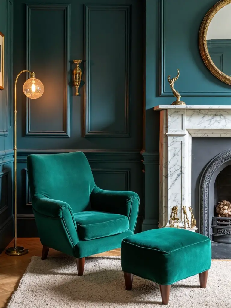 dramatic navy fireplace green accents