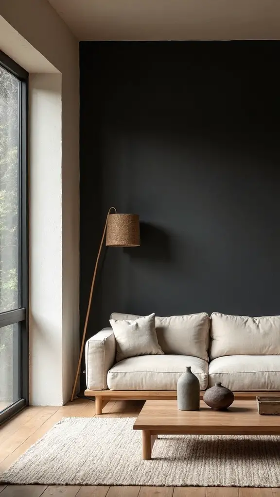 dramatic tranquil sophisticated japandi living room