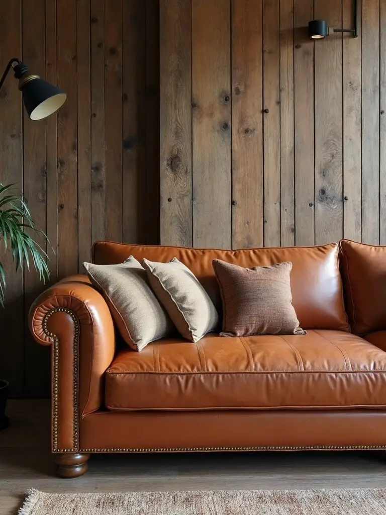 earthy leather seating with studded edges