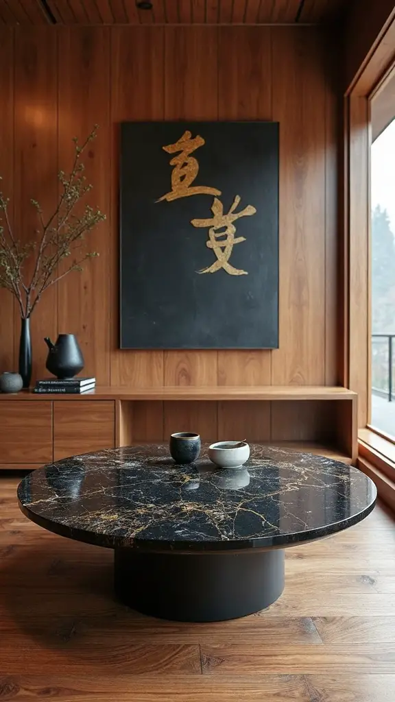 elegant contrast black marble warm wood