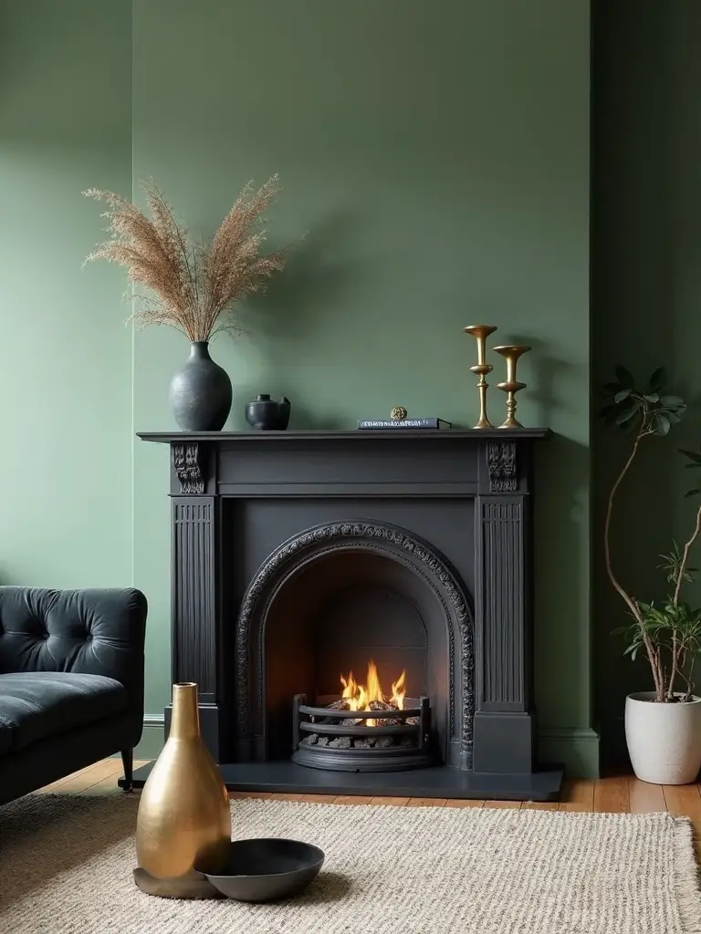elegant sage green dramatic black fireplace