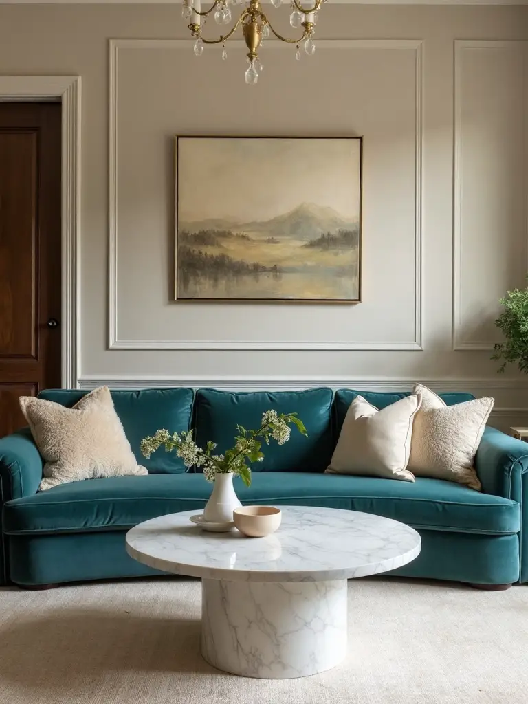 elegant teal and beige living room