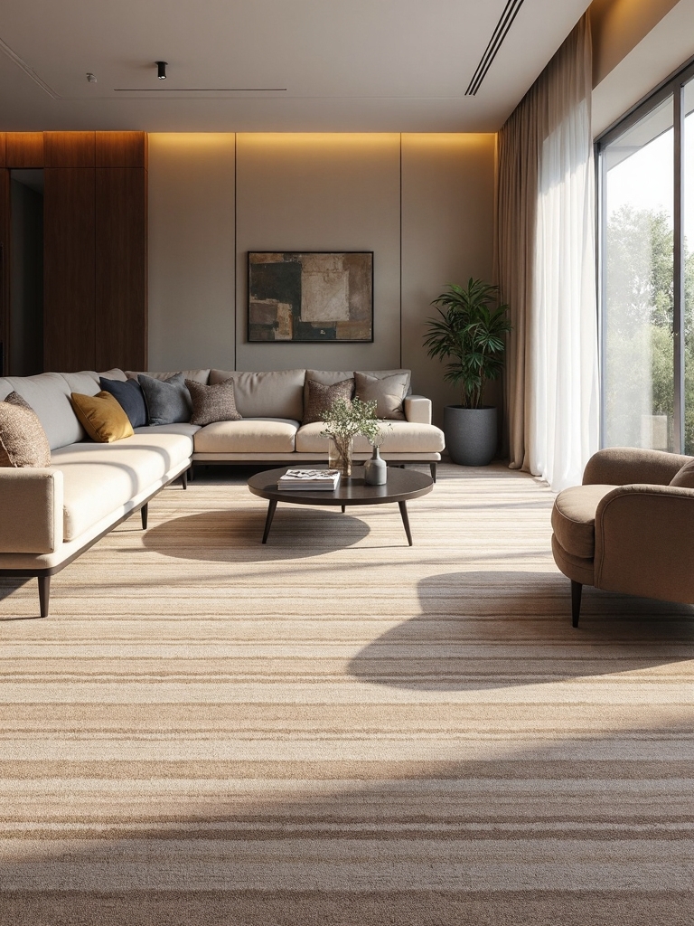 elongate space with striped carpets