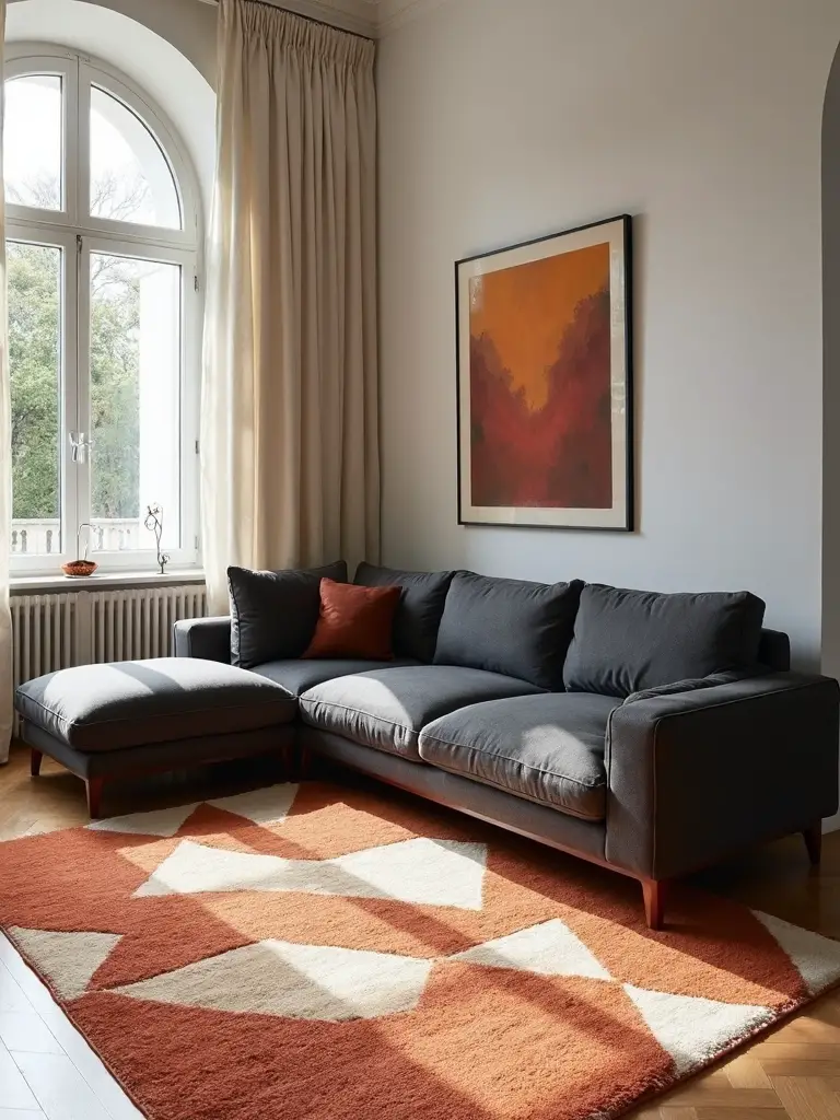 geometric statement rug grounds cozy seating
