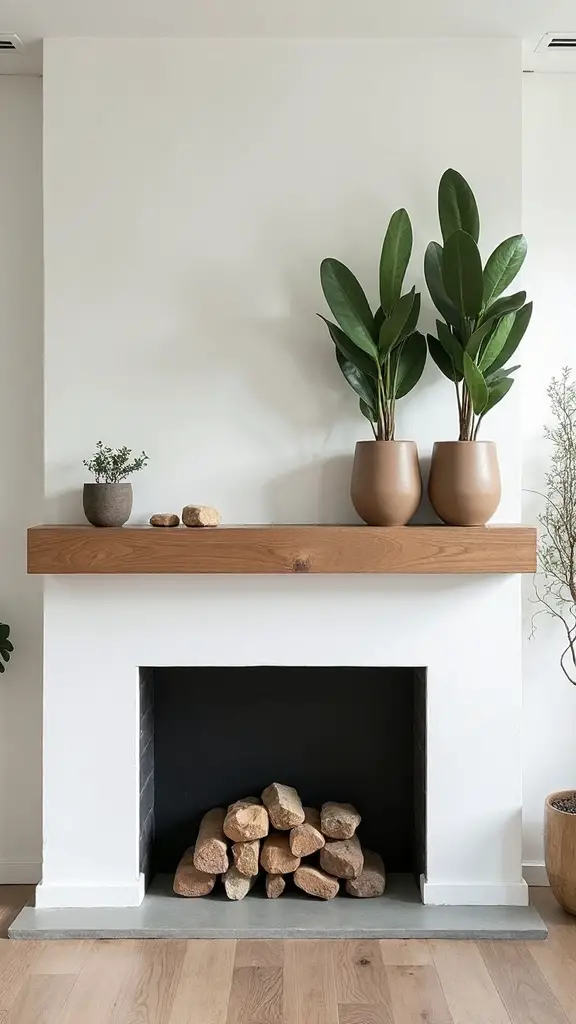 japandi inspired nature centered mantel arrangement