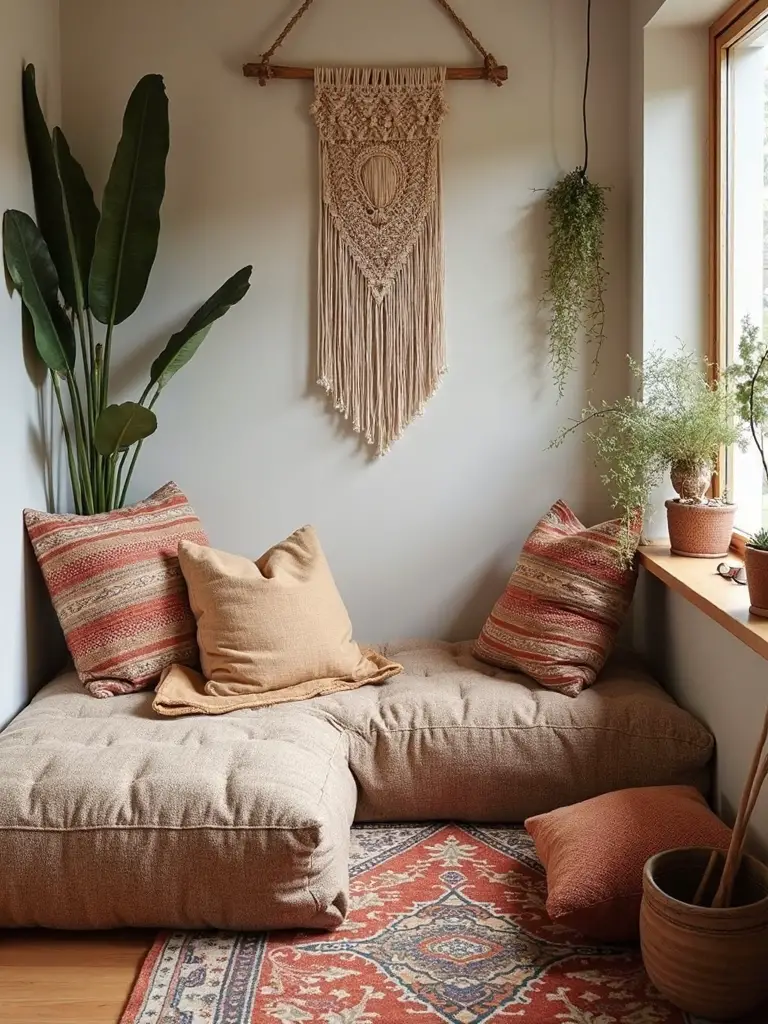 layered rugs create cozy reading nooks