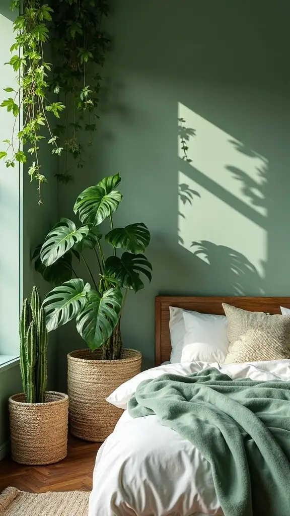 lively green bedroom with layered plants