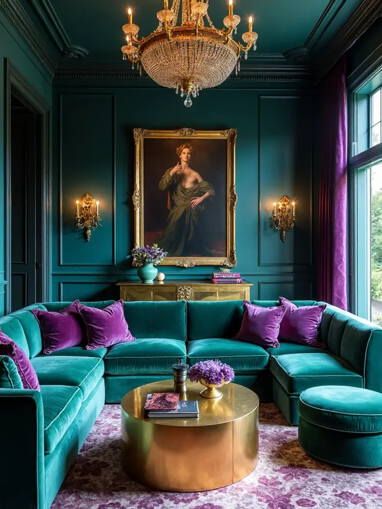 luxurious jewel toned living room showcase