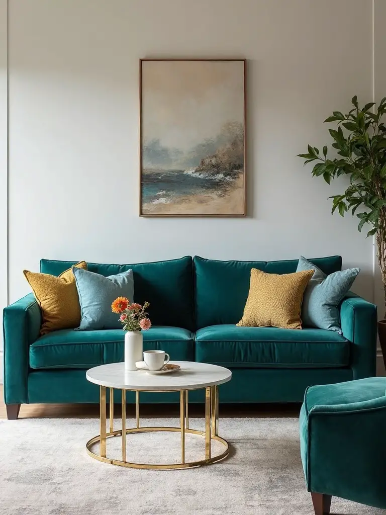 luxurious teal velvet sofa centerpiece