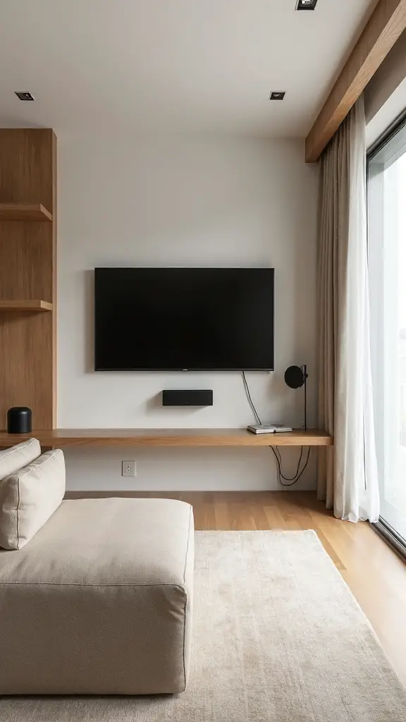 minimalist functional serene uncluttered entertainment area
