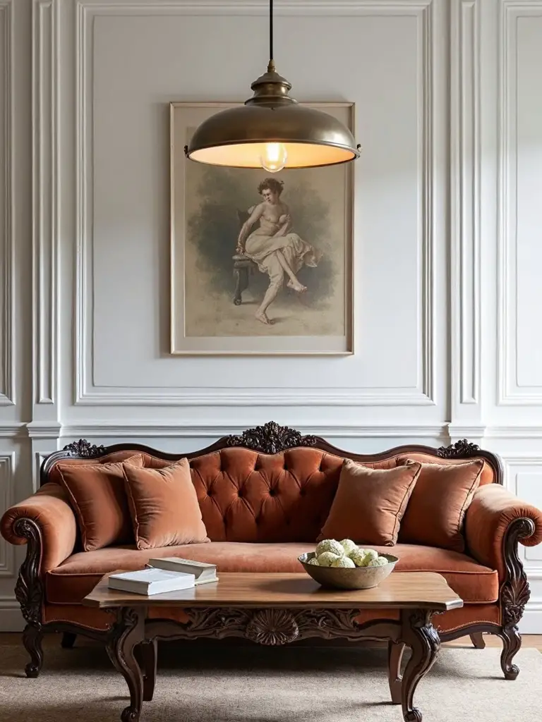 minimalist lighting meets vintage furnishings