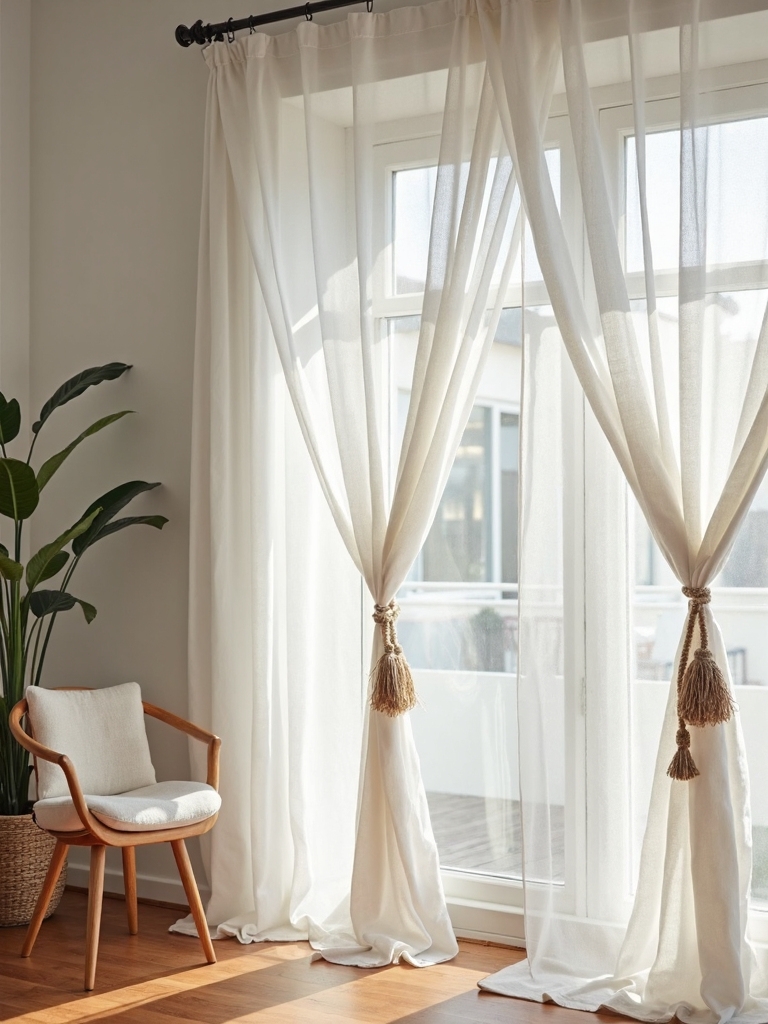 minimalist natural fiber curtain tiebacks