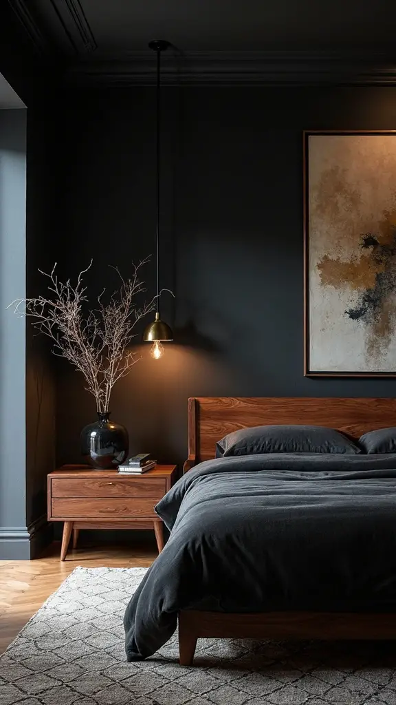 moody mid century modern black bedroom