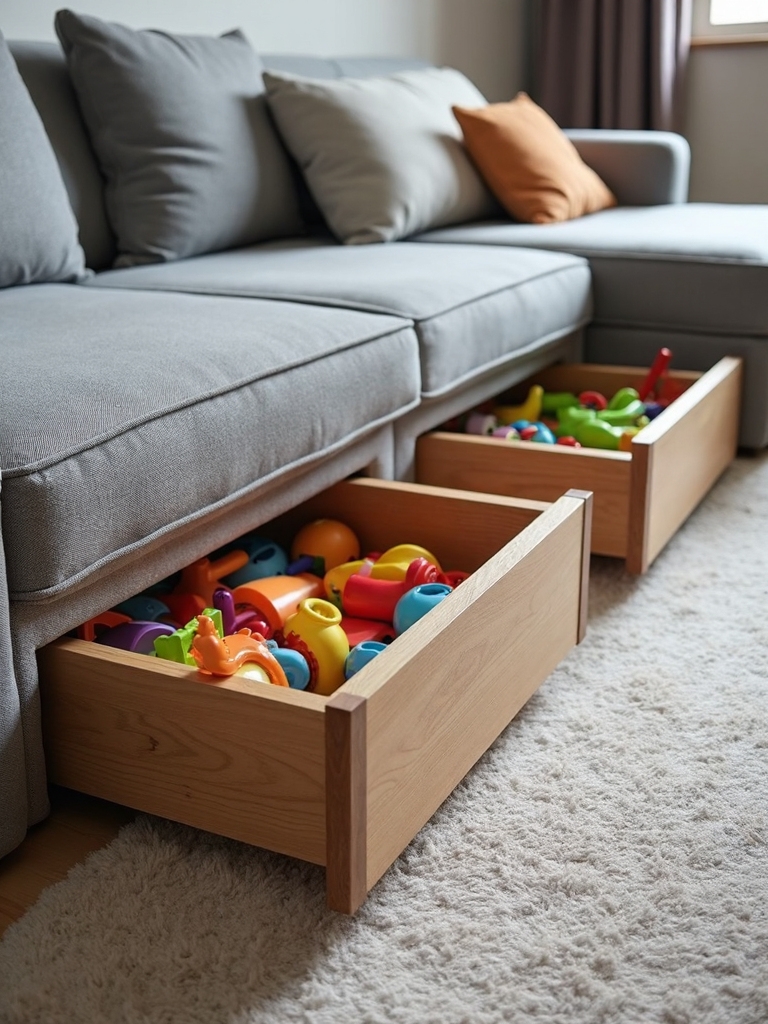 organized storage compartments under sofa