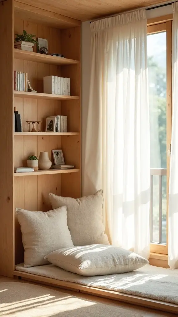 peaceful minimalist japandi reading nook
