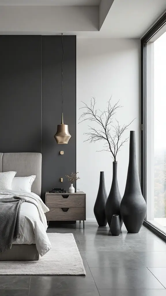 sculptural accents modernize monochromatic bedroom