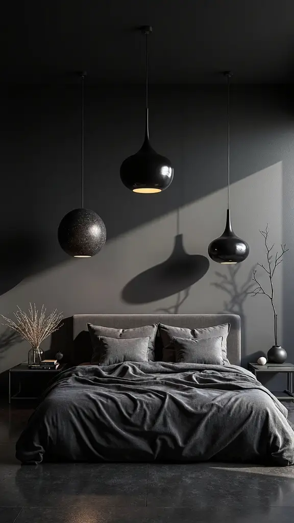 sculptural lighting transforms black bedrooms