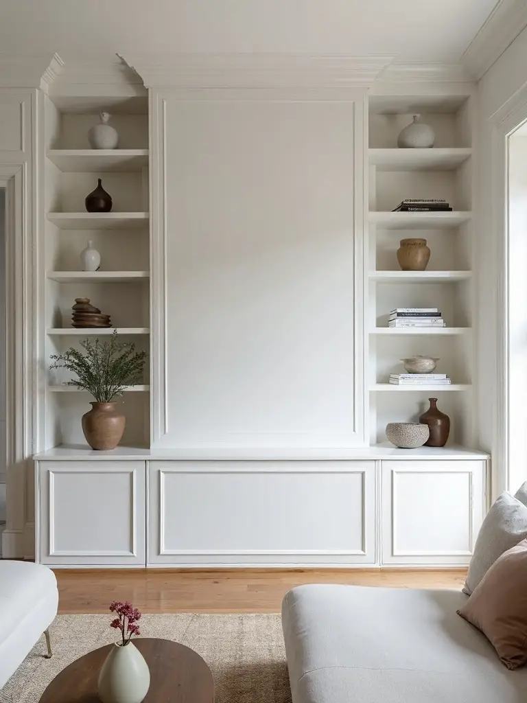 sophisticated built in wall storage solution