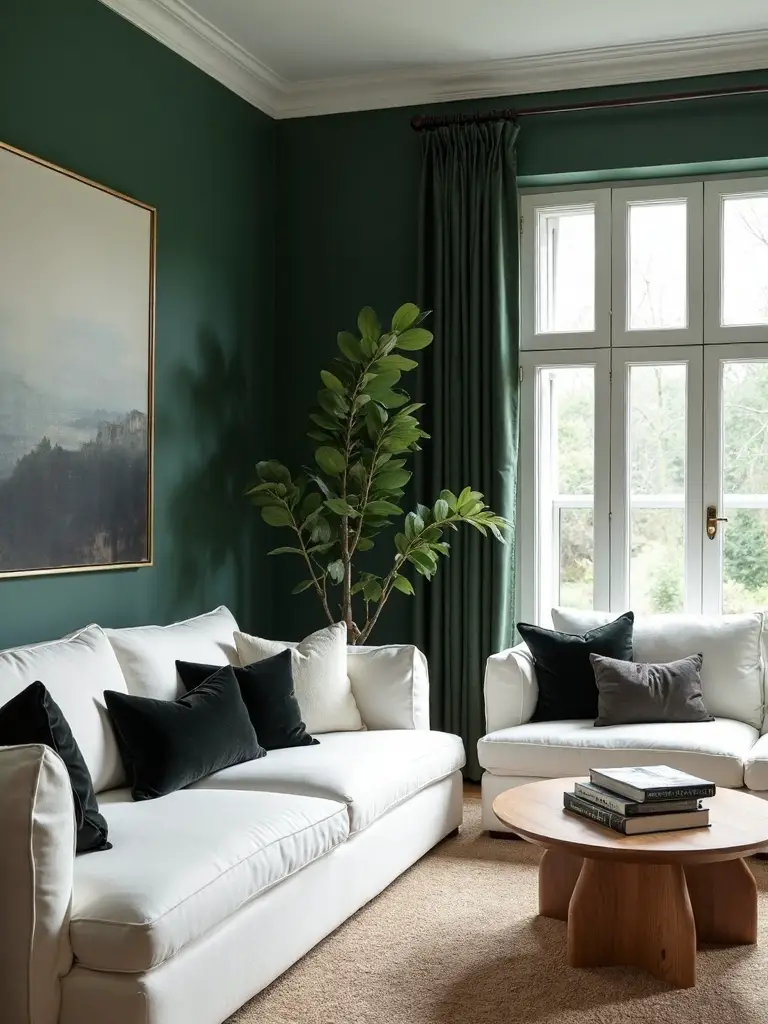 sophisticated dark green living room