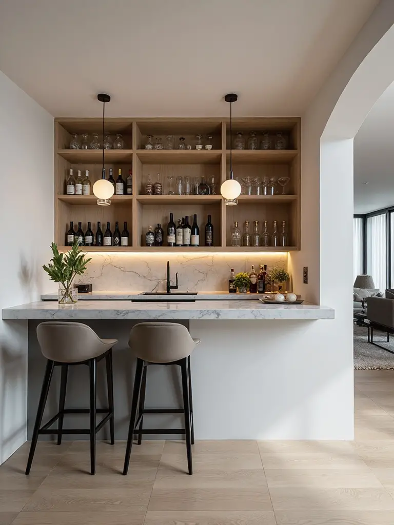 sophisticated home bar hidden beneath stairs