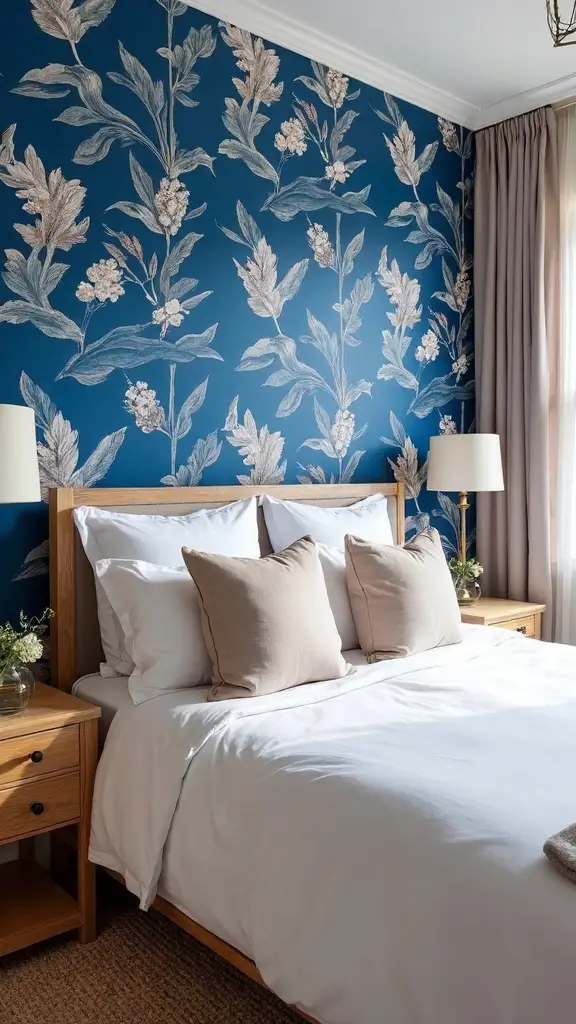 striking blue wallpaper tranquil bedding