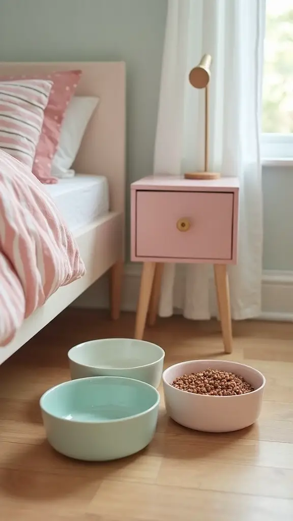 stylish pet bowls complement bedroom decor