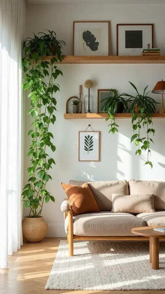 trailing pothos on floating shelves