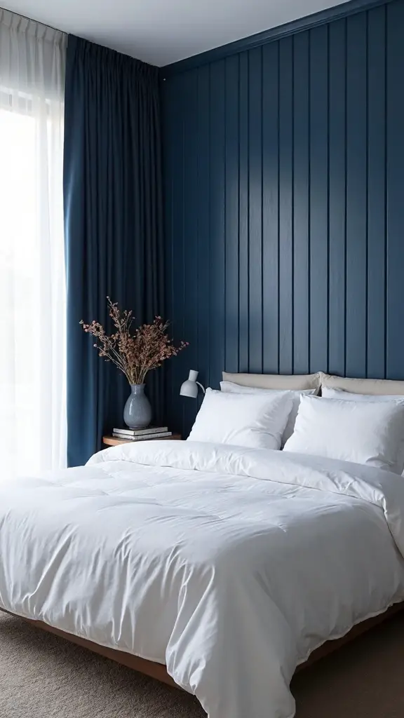 vertical navy white striped wall to ceiling feature