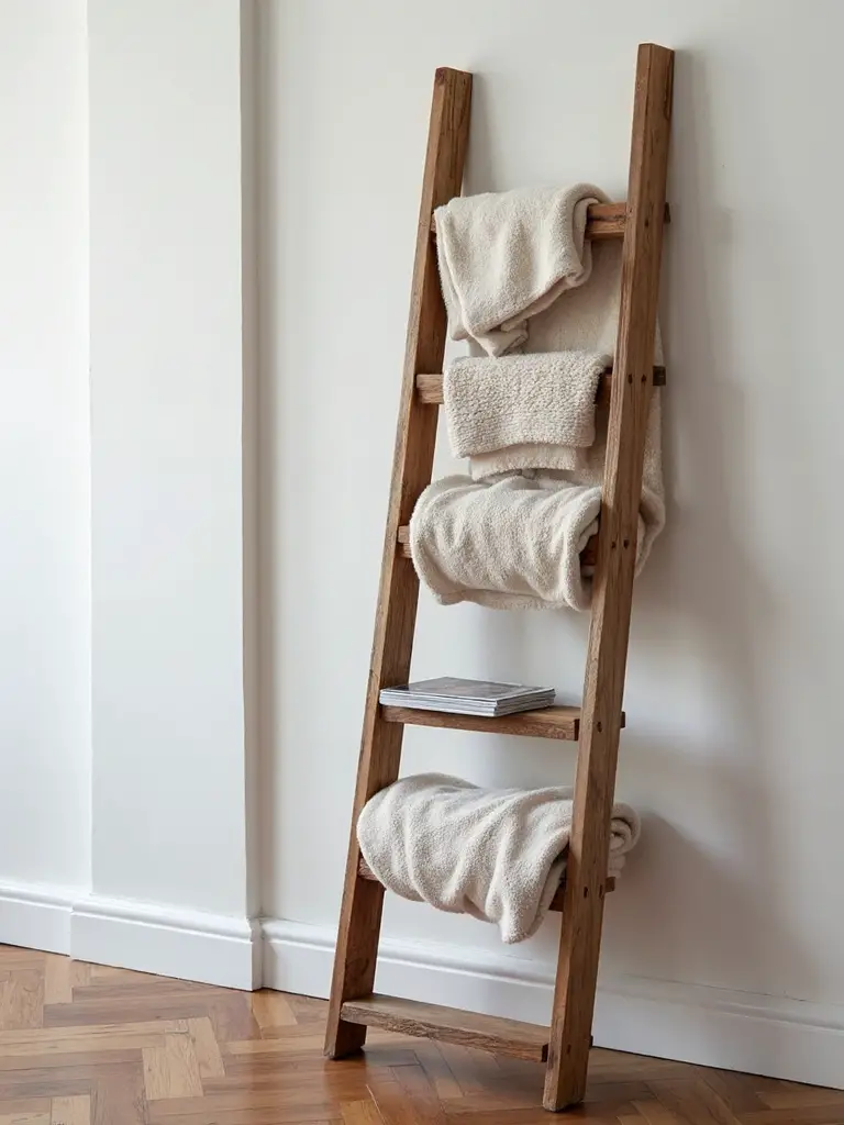 vertical storage ladder organizes blankets magazines