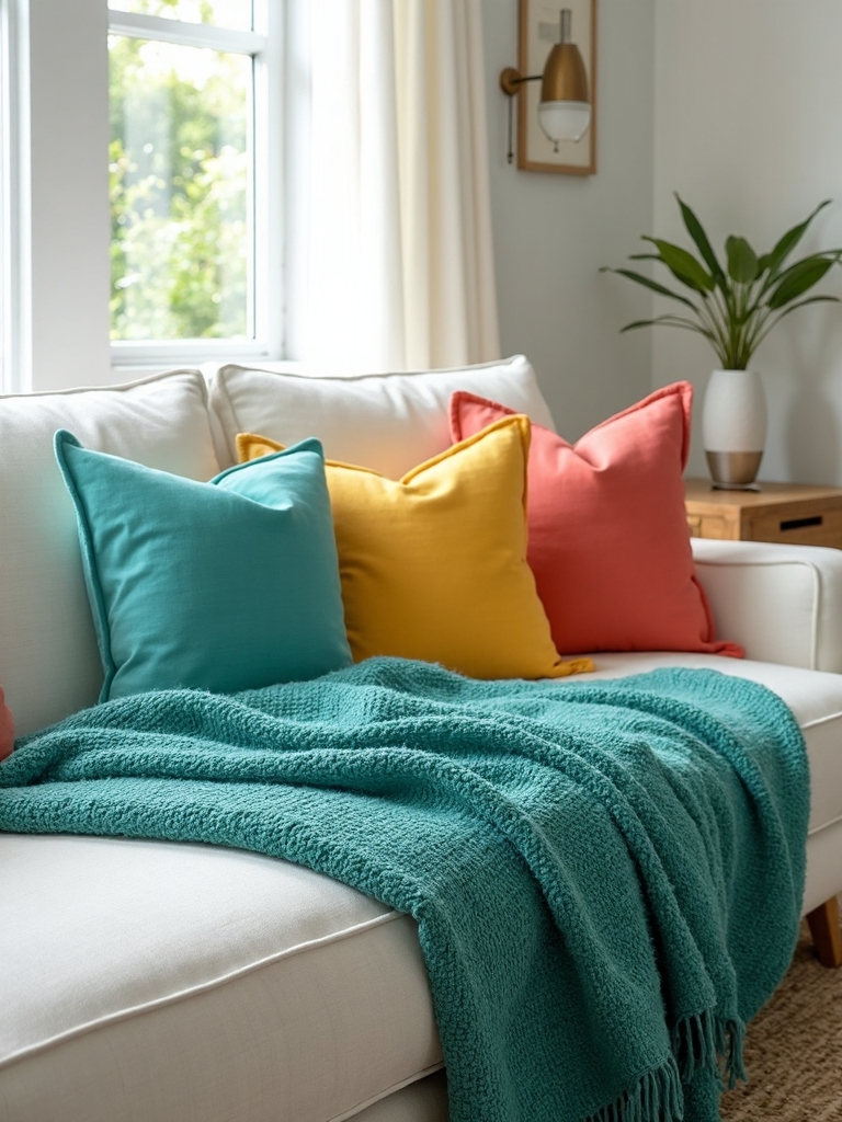 vibrant textiles enhance minimalist spaces
