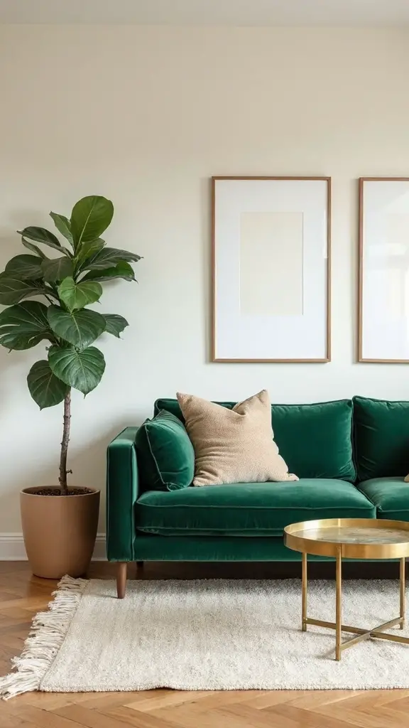 vibrant velvet sofa anchors neutral space