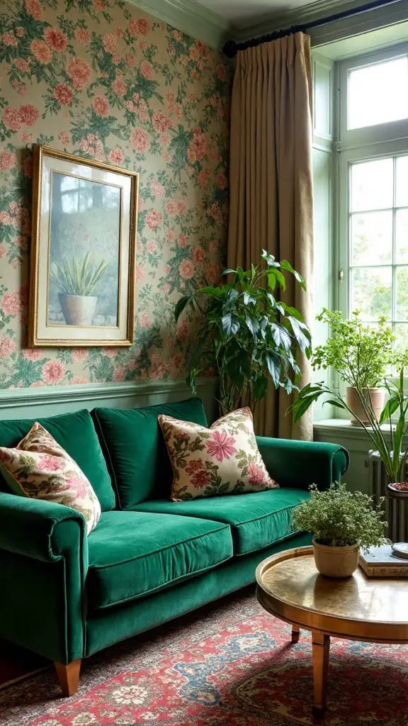 vintage prints complement bold green fabric