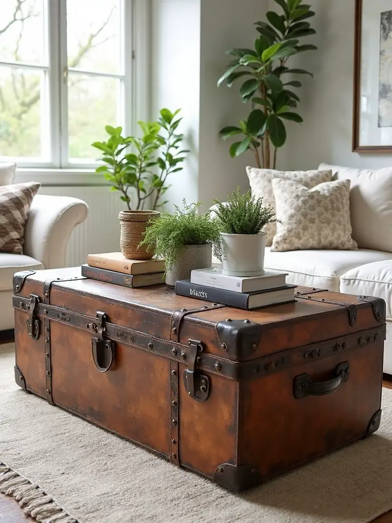 vintage trunks as functional coffee tables