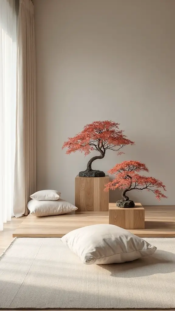 zen inspired japandi meditation sanctuary with bonsai