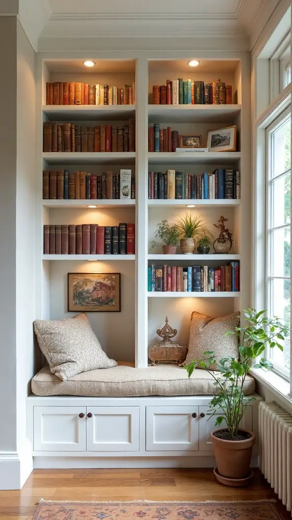 alcove home library floor to ceiling shelving