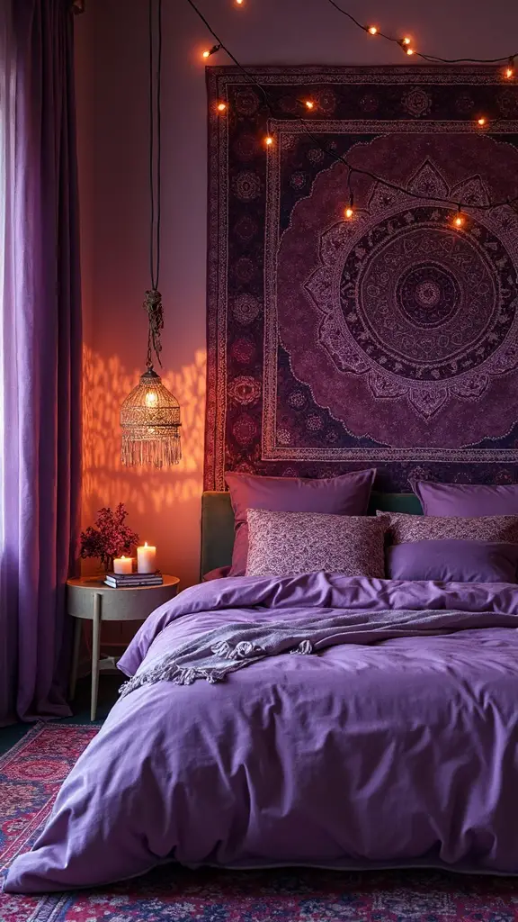 ambient lighting enhances purple boho ambiance